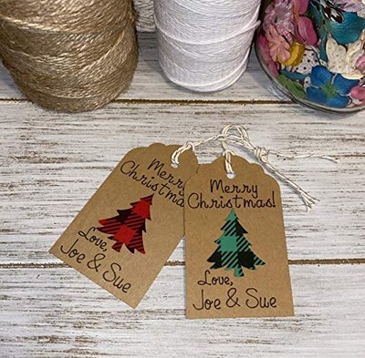 Personalized Merry Christmas Holiday Gift tags - Personalize tags - Kraft and Buffalo Plaid - Set of 20 - image2